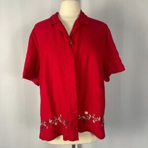 Casual Top Plus Size 2X Red Solid Floral Embroidered Linen Cottage Vtg Y2K